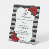 Nautical Anchor Silver Black Stripe Hochzeitssiche Sockelschild (Vorderseite)