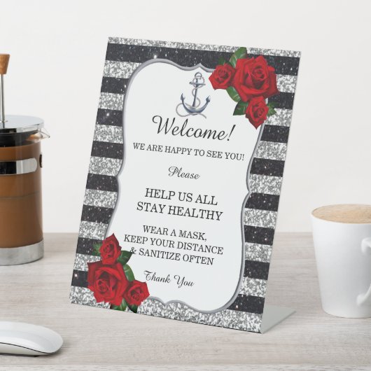 Nautical Anchor Silver Black Stripe Hochzeitssiche Sockelschild (In SItu)