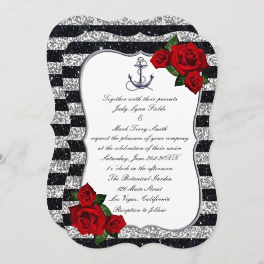 Nautical Anchor Silver Black Stripes Wedding Einladung (Vorne/Hinten)