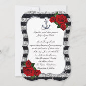 Nautical Anchor Silver Black Stripes Wedding Einladung (Vorderseite)