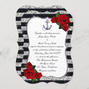 Nautical Anchor Silver Black Stripes Wedding Einladung