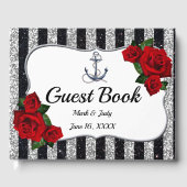 Nautical Anchor Silver Black Stripes Wedding Gästebuch (Vorderseite)
