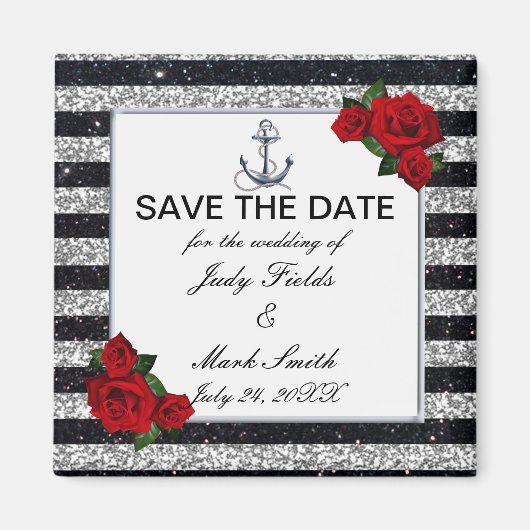 Nautical Anchor Silver Black Stripes Wedding Magnet (Vorne)