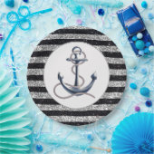 Nautical Anchor Silver Black Stripes Wedding Pappteller (Party)
