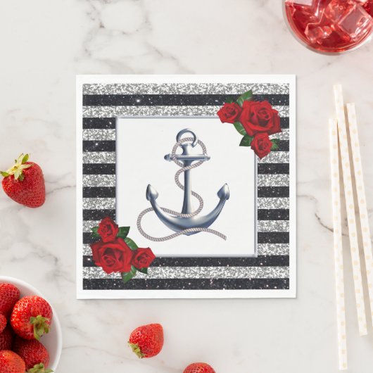 Nautical Anchor Silver Black Stripes Wedding Serviette (Beispiel)