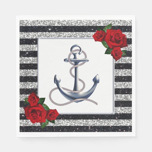 Nautical Anchor Silver Black Stripes Wedding Serviette (Vorderseite)