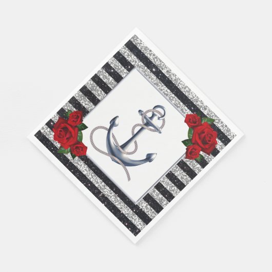 Nautical Anchor Silver Black Stripes Wedding Serviette (Ecke)