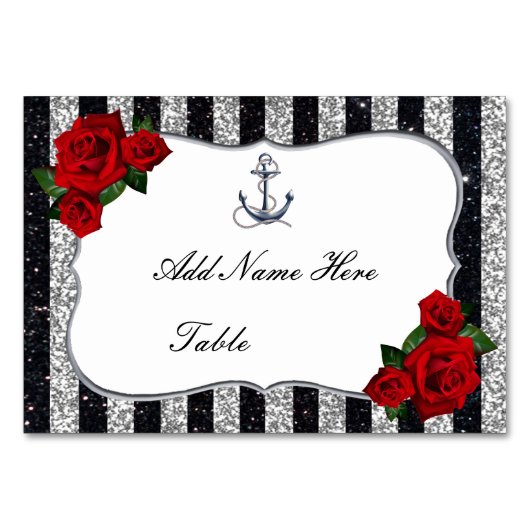 Nautical Anchor Silver Black Stripes Wedding Tischnummer (Vorderseite)