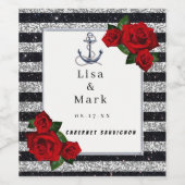 Nautical Anchor Silver Black Stripes Wedding Weinetikett (Einzelnes Label)