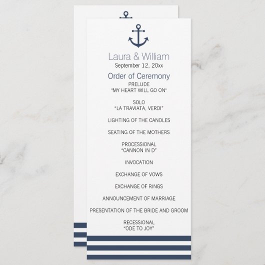 Nautical Anchor & Striped Wedding Program Programm (Vorne/Hinten)