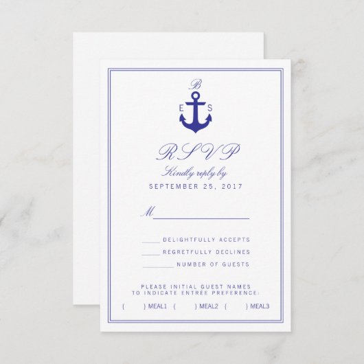 Nautical Anchor Stylish Simple Monogram RSVP Card (Vorne/Hinten)