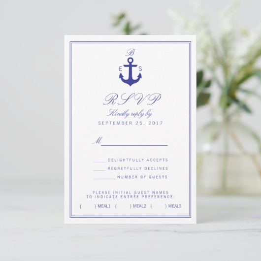 Nautical Anchor Stylish Simple Monogram RSVP Card Karte (Stehend Vorderseite)
