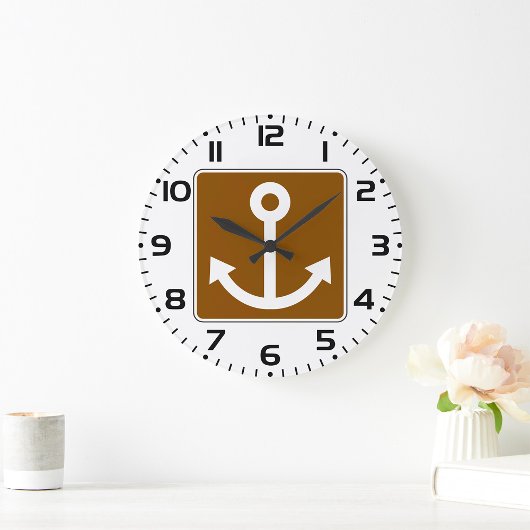 Nautical Anchor Symbol Brown Marina Sign Große Wanduhr