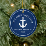 Nautical Anchor Unser erstes Weihnachtsblau Keramik Ornament<br><div class="desc">Nautical Anchor Unsere erste Weihnachtszeit Couple Navy Blue Keramik Ornament</div>