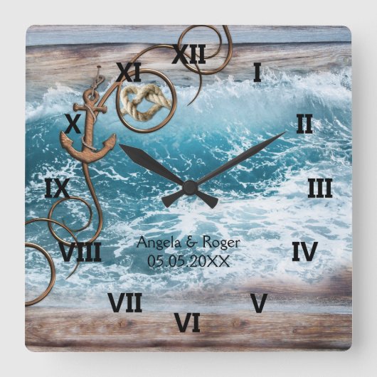 Nautical Anchor Wedding Clock Quadratische Wanduhr (Vorderseite)