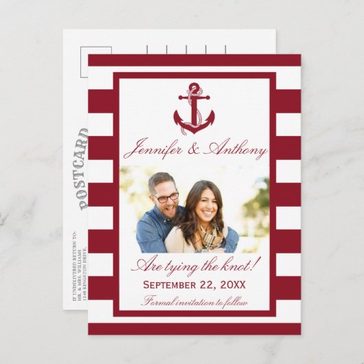 Nautical Anchor Wedding Foto Save the Date Ankündigungspostkarte (Vorne/Hinten)