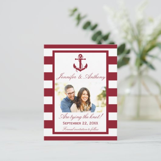 Nautical Anchor Wedding Foto Save the Date Ankündigungspostkarte (Stehend Vorderseite)