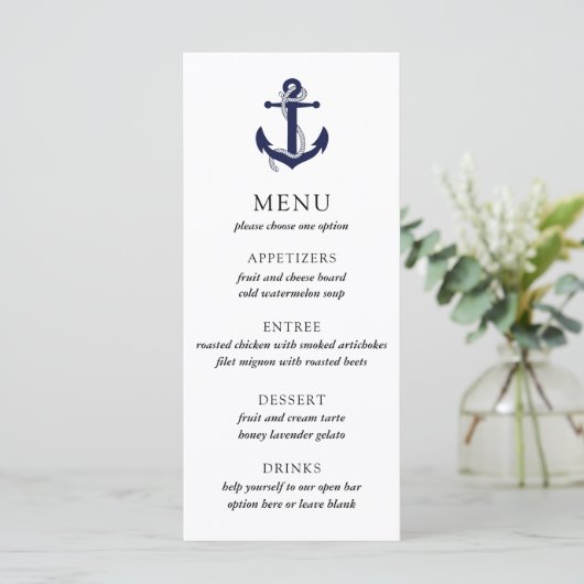 Nautical Anchor Wedding Menu Menükarte (Stehend Vorderseite)
