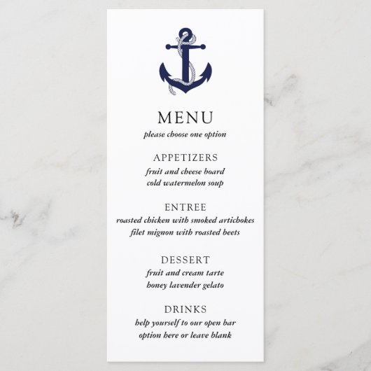 Nautical Anchor Wedding Menu Menükarte (Vorderseite)