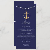 Nautical Anchor Wedding Menu Navy Blue Gold Menükarte (Vorne/Hinten)
