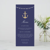 Nautical Anchor Wedding Menu Navy Blue Gold Menükarte (Stehend Vorderseite)
