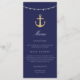 Nautical Anchor Wedding Menu Navy Blue Gold Menükarte