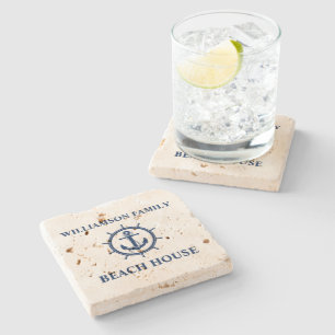 Nautical Anchor Wheel Beach House Travertin Steinuntersetzer