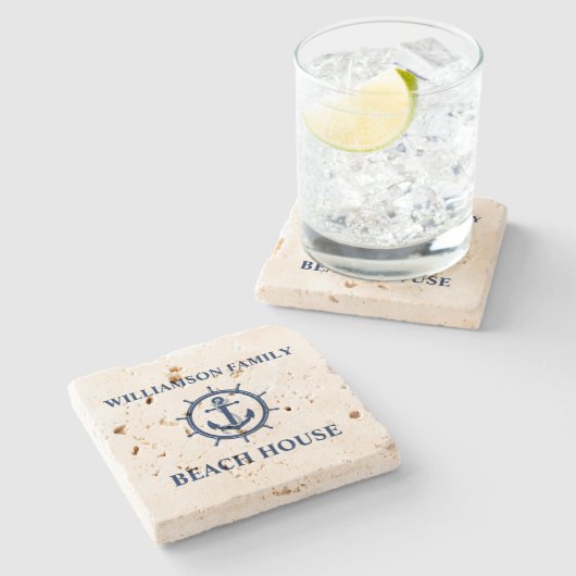 Nautical Anchor Wheel Beach House Travertin Steinuntersetzer (Seitenansicht)