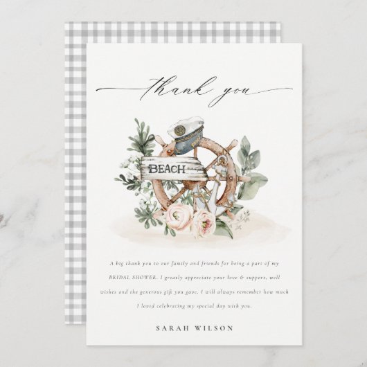 Nautical Anchor Wheel Leafy Floral Brautparty Dankeskarte (Vorne/Hinten)
