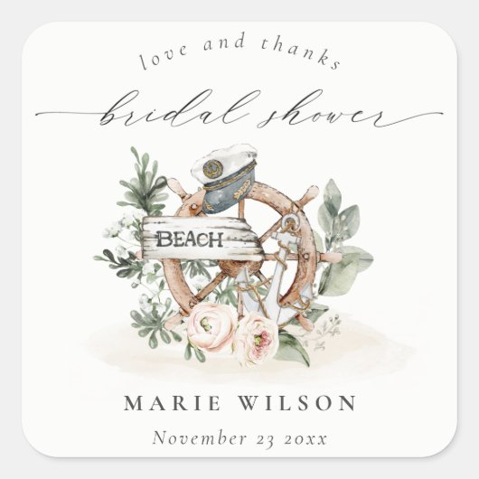Nautical Anchor Wheel Leafy Floral Brautparty Quadratischer Aufkleber (Vorderseite)