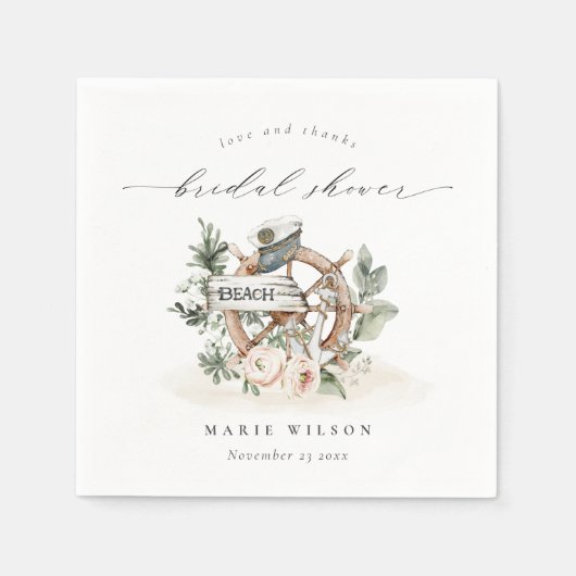 Nautical Anchor Wheel Leafy Floral Brautparty Serviette (Vorderseite)