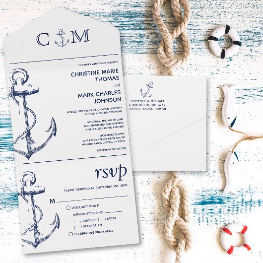 Nautical Anchor White Wedding All In One Einladung