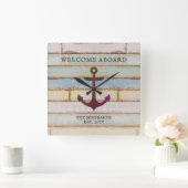 Nautical Anchor Wood Willkommen auf dem Schiff Nam Quadratische Wanduhr (Zuhause)