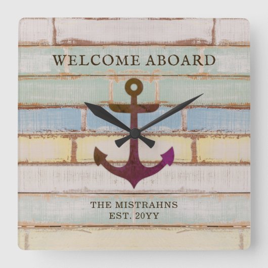 Nautical Anchor Wood Willkommen auf dem Schiff Nam Quadratische Wanduhr (Vorderseite)