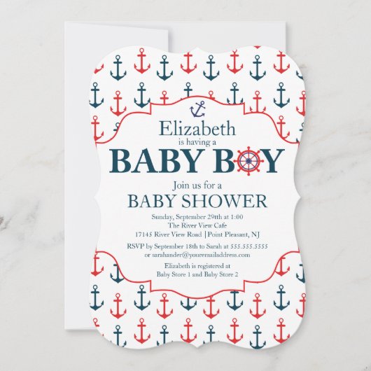 Nautical Anchors Away Boys Baby Dusche Einladung (Vorderseite)