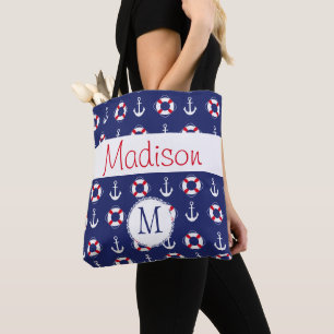 Nautical Anchors Navy Red Trendy Initial Monogram Tasche
