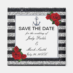 Nautical Anker Silver Black Stripes Wedding Magnet