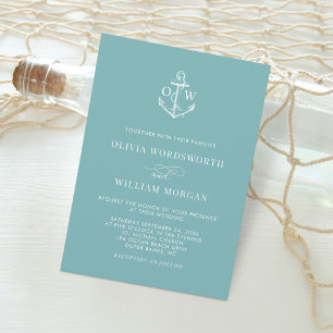 Nautical Aquamarin Blue Monogram Anchor Wedding Einladung
