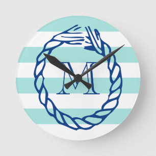 Nautical aquamarin Stripe navy blue Seil Monogramm Runde Wanduhr