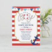 Nautical Baby Boy Dusche Navy Anchor Red Stripes Einladung (Stehend Vorderseite)