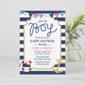 Nautical Baby Boy Showdusche Gold Anker Navy Strip Einladung (Stehend Vorderseite)
