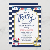 Nautical Baby Boy Showdusche Gold Anker Navy Strip Einladung (Vorne/Hinten)