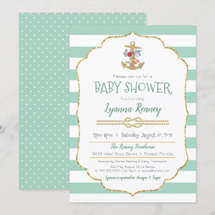 Nautical Baby Dusche Blumenzange Minze Grün Einladung