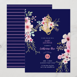 Nautical Baby Dusche laden Navy Blue Pink Flora ei Einladung