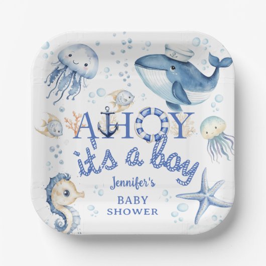 Nautical Baby Shower Ahoy es ist ein Junge Navy Bl Pappteller (Vorderseite)