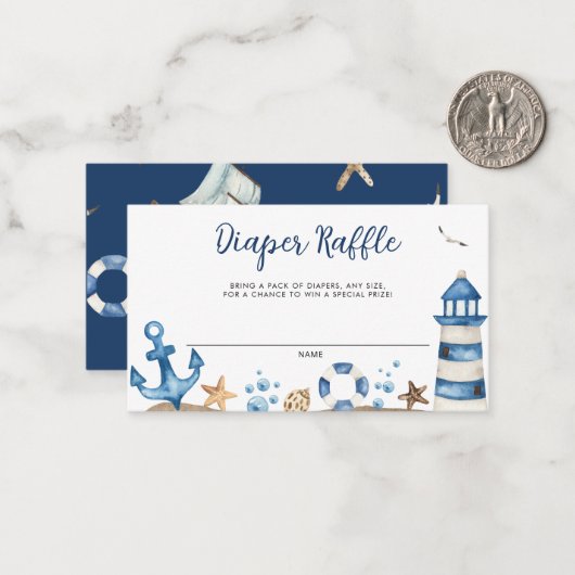 Nautical Baby Shower Diaper Raffekarte Mitteilungskarte (Vorderseite/Rückseite Beispiel)