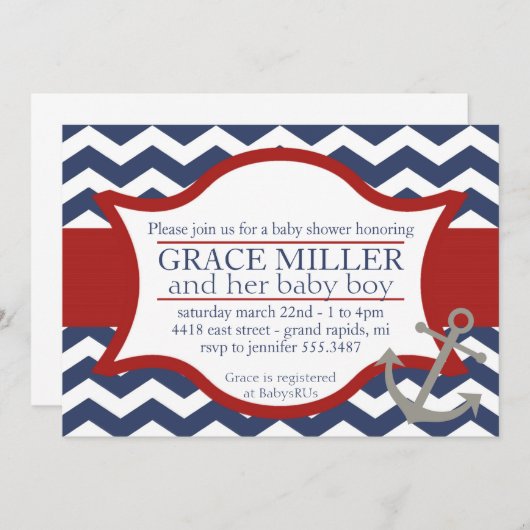 Nautical Baby Shower Einladung. Marineblau und Rot Einladung (Vorne/Hinten)