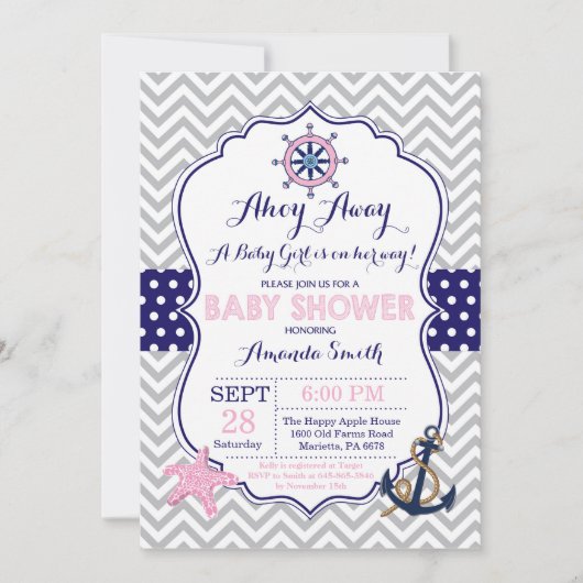 Nautical Baby Shower Einladung Navy Pink Gray (Vorderseite)