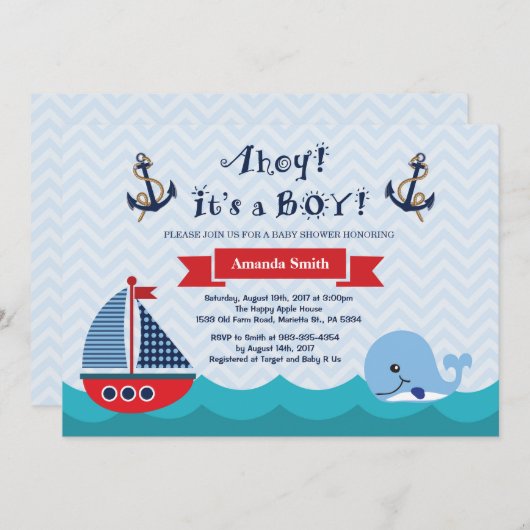Nautical Baby Shower Einladung Navy Red and Blue (Vorne/Hinten)