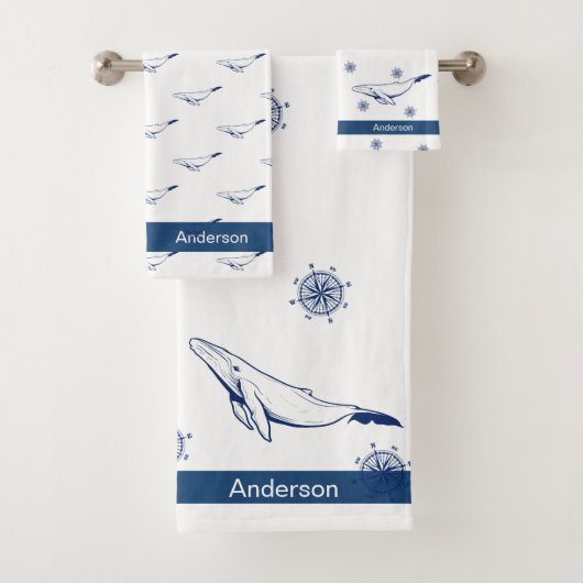 Nautical Bathroom Ocean Navy Blue Whale Badhandtuch Set (Insitu)